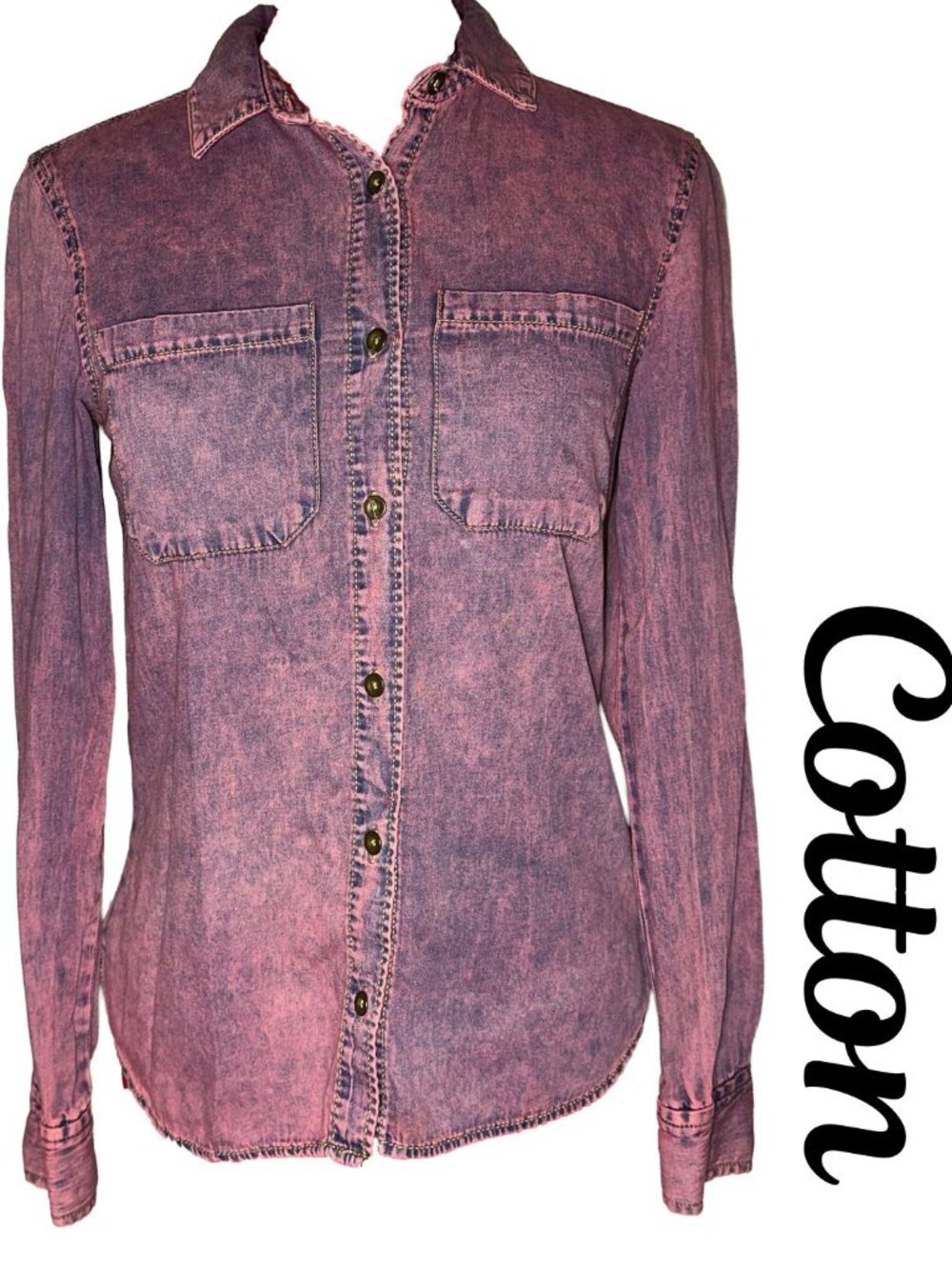 Mudd Pink-Blue Acid Wash DIstressed Denim Button-Up Shirt – 100% Cotton